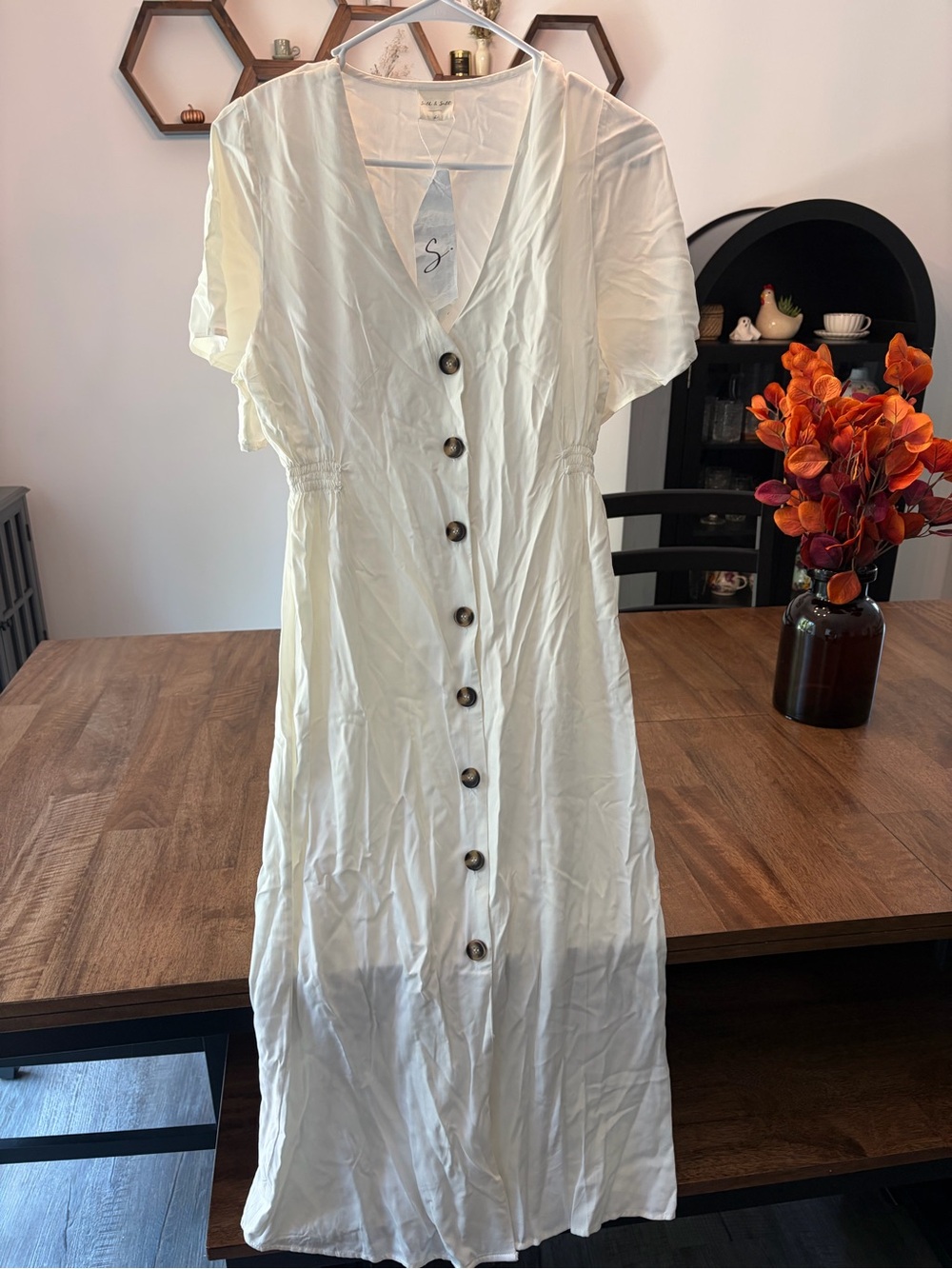 White Button-Front Linen Midi Dress with Classic Button Front (NEW)